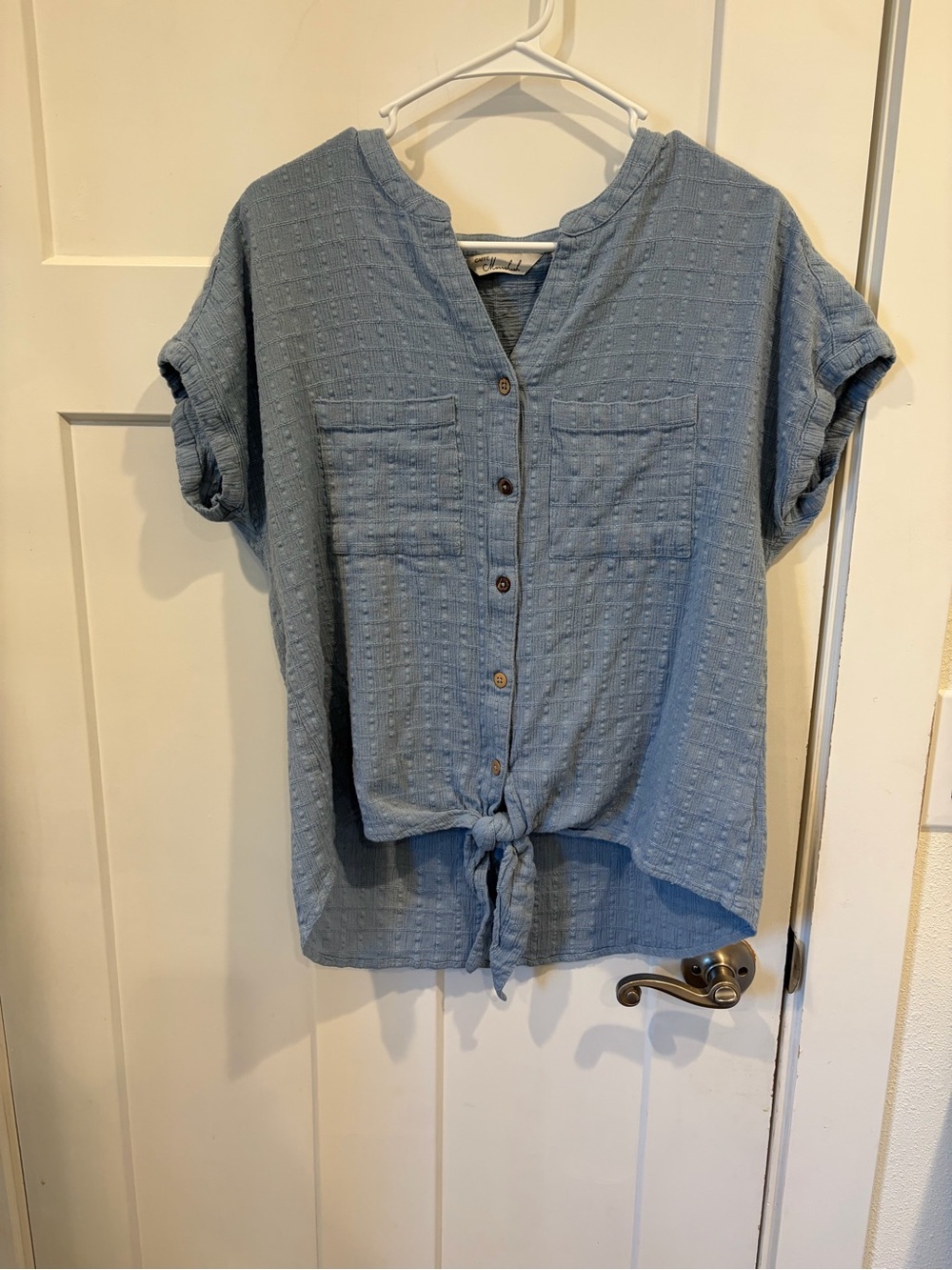 Light Blue Button-Front Tie Hem Women's Top